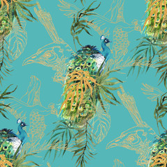 Peacock Feathers and Tropical Leaves Watercolor Graphics. Exotic Birds Seamless Pattern on background
