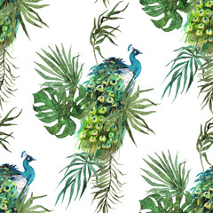 Pauwenveren en tropische bladeren aquarel graphics. Exotische vogels naadloze patroon op achtergrond