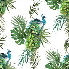 Tapeten Pfau Pfauenfedern und tropische Blätter Aquarell-Grafiken. Exotische Vögel nahtlose Muster auf Hintergrund