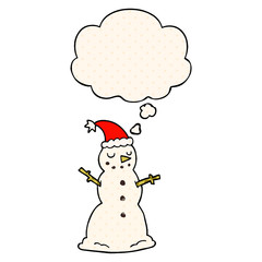 cartoon christmas snowman and thought bubble in comic book style
