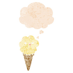 cartoon ice cream and thought bubble in retro textured style