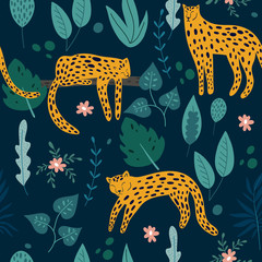 Seamless pattern with hand drawn leopards and tropical forest. Vector design for wrapping paper, textile.