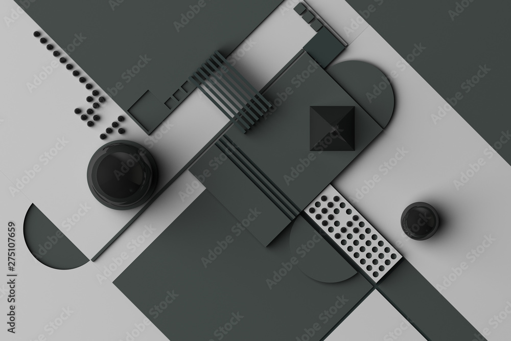 Poster design with composition of geometric shapes in grey tone. 3d rendering illustration