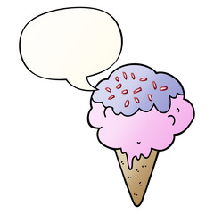 cartoon ice cream and speech bubble in smooth gradient style