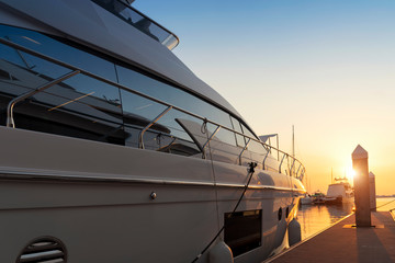 Naklejka premium View of Harbor and marina with moored yachts and motorboats in pattaya thailand