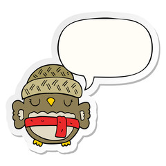 cute cartoon owl in hat and speech bubble sticker