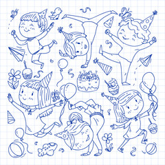 Vector illustration in cartoon style, active company of playful preschool kids jumping, at a party, birthday. Pen drawing in squared notebook.