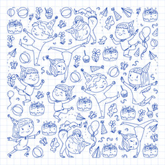 Vector illustration in cartoon style, active company of playful preschool kids jumping, at a party, birthday. Pen drawing in squared notebook.