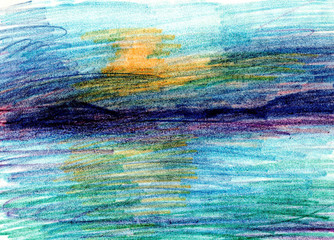Sea landscape, sea side, beach. Beautiful color pencils hand painting illustration.Element for text design, greeting card, template.