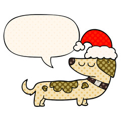 cartoon dog wearing christmas hat and speech bubble in comic book style