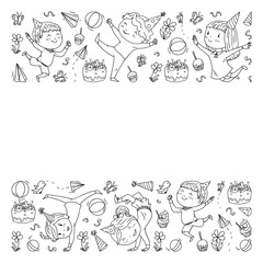 Vector illustration in cartoon style, active company of playful preschool kids jumping, at a party, birthday. Monochrome style in black and white color.