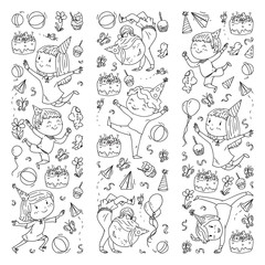 Vector illustration in cartoon style, active company of playful preschool kids jumping, at a party, birthday. Monochrome style in black and white color.