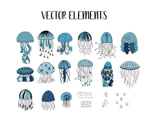 Vector set of jellyfish style drawn by hand - obrazy, fototapety, plakaty