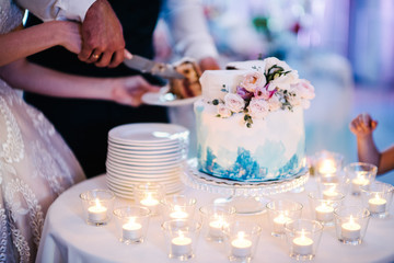 Bride and groom cut the wedding cake close up