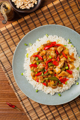 Chicken kung pao. Fried chicken pieces with peanuts and peppers.
