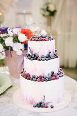 Big white wedding cake with fruit is on the table