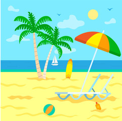 Summertime holidays and relaxation by seaside vector, coastal view with palm trees and sail boats. Umbrella and sun lotion on beach, game ball and surfboard