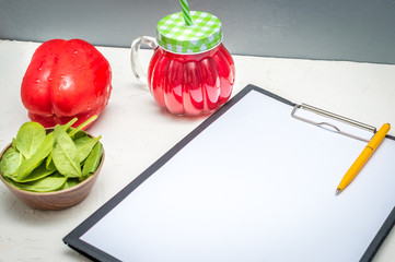 Concept doctor nutritionist. Vegetables and fruits on the table. Mock up