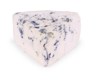 A piece of cheese dor blue on a white background