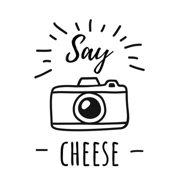 Hand draw Photo Camera Line Poster with the words Say cheese. Vector illustration in Simple Doodle Style