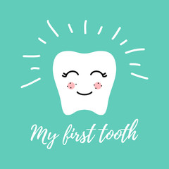 kawaii tooth. Vector illustration of Happy tooth Face isolated On mint Background.