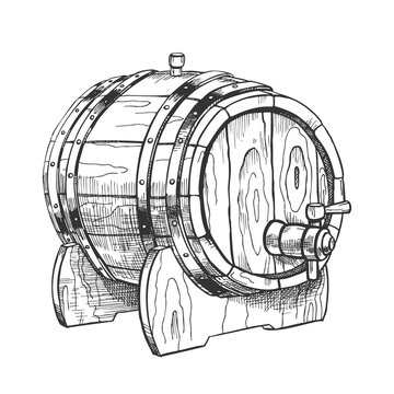 Vintage Drawn Barrel With Tap For Liquid Vector. Lying On Wooden Stand Brewing Equipment For Production, Storaging And Shipping Beer To Pub Tavern. Closeup Object Monochrome Cartoon Illustration