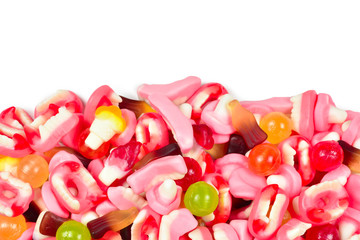 Assorted gummy candies. Top view. Jelly  sweets.