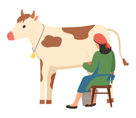 Milkmaid sitting on chair milking cow, back view of woman wearing apron pouring milk into bucket, standing farm animal, ranch element, cattle vector