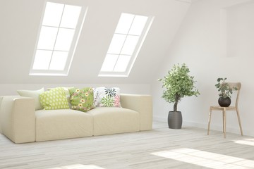 Fototapeta premium Stylish room in white color with sofa. Scandinavian interior design. 3D illustration