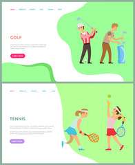 Men and women play golf and tennis, sporty poster decorated by portrait view of athletic people in sportswear holding equipment, activity vector. Website or webpage template, landing page flat style