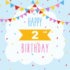 Happy 2nd birthday, vector illustration greeting card with confetti and garlands decorations