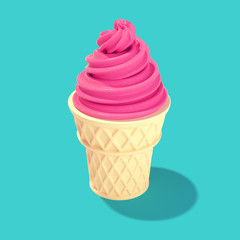 Pink strawberry ice cream on pastel blue background. Summer minimalism. Isometric flat lay. 3d render