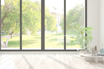 Fototapeta premium Stylish empty room in white color with summer landscape in window. Scandinavian interior design. 3D illustration