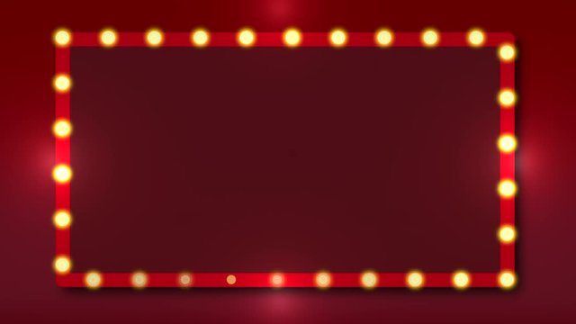 Neon Light bulbs frame on red gradient background, retro style neon light board sign with space to insert your text. Loop animation background. 