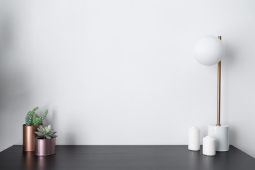 Composition of artificial plants copper vase and gold stylish table lamp in mid century modern design standing on black wooden top with white background / interior design / composition background 