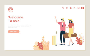 Welcome to Asia webpage, man and woman tourists going and holding bags, portrait and flat view of people together travel, vacation to state webpage vector