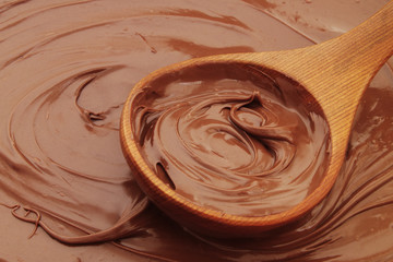 Chocolate background with wooden spoon