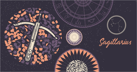 Zodiac sign Sagittarius. The symbol of the astrological horoscope. Hand-drawn illustration. Horizontal banner. Template for postcard, brochure, page, booklet.