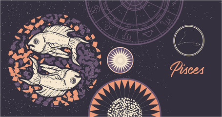 Zodiac sign Pisces. The symbol of the astrological horoscope. Hand-drawn illustration. Horizontal banner. Template for postcard, brochure, page, booklet.