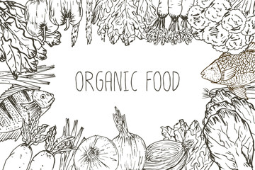 Hand drawn organic food background. Organic herbs, spices and seafood. Healthy food drawings set elements for menu design. Vector illustration.