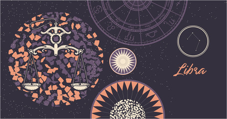 Zodiac sign Libra. The symbol of the astrological horoscope. Hand-drawn illustration. Horizontal banner. Template for postcard, brochure, page, booklet.