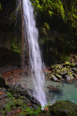 Emerald pool and waterfall in Dominica tropical rainforest.