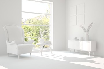 Naklejka na ściany i meble Mock up of stylish room in white color with armchair and green landscape in window. Scandinavian interior design. 3D illustration