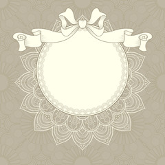 Vintage background with lace frame and ribbon for greeting card, invitation or announcement