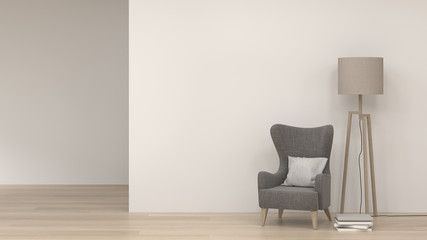 modern room with armchair and lamp in empty room interior background home designs 3d rendering ,gray armchair in front of wall empty wall objects home decoration