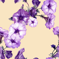 Watercolor seamless pattern of Petunia flowers.