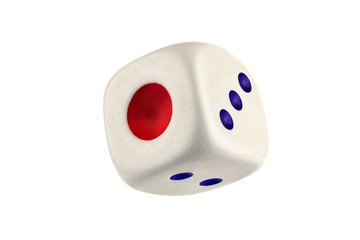 White dice closeup isolated on white without shadow. One, two, three on the visible side faces of...