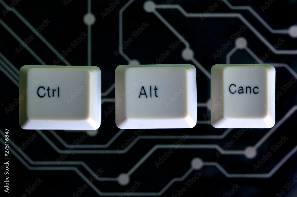 Poster keyboard keys form the word ctrl alt canc on black electric circuit in the background