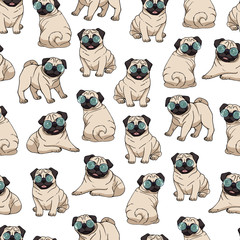 Seamless pattern with cute pugs wearing glasses in different poses. Endless texture with funny dogs on white background