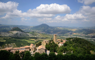 Fototapeta na wymiar Aerial view of San Leo village, hub of the historic Montefeltro region, Italy